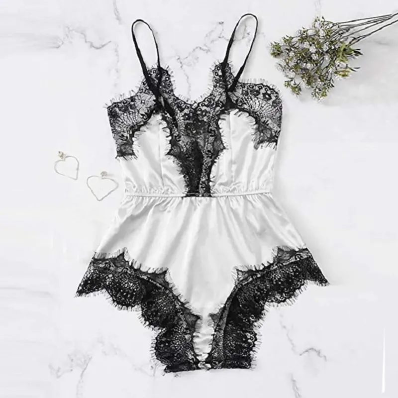 Women Sexy Lace Lingerie Bodysuit Home Wear Black Lace Pink Stain Suspenders Shorts Pajamas For Mature Sexy Ladies Nightwear