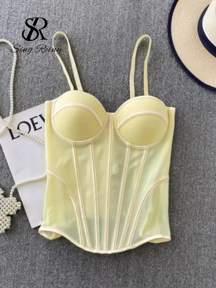 2026 Luxury Mesh Corset Camisole Women Strap Solid Lingerie Top Summer High Quality Tummy Control Sheer Party Tank Top