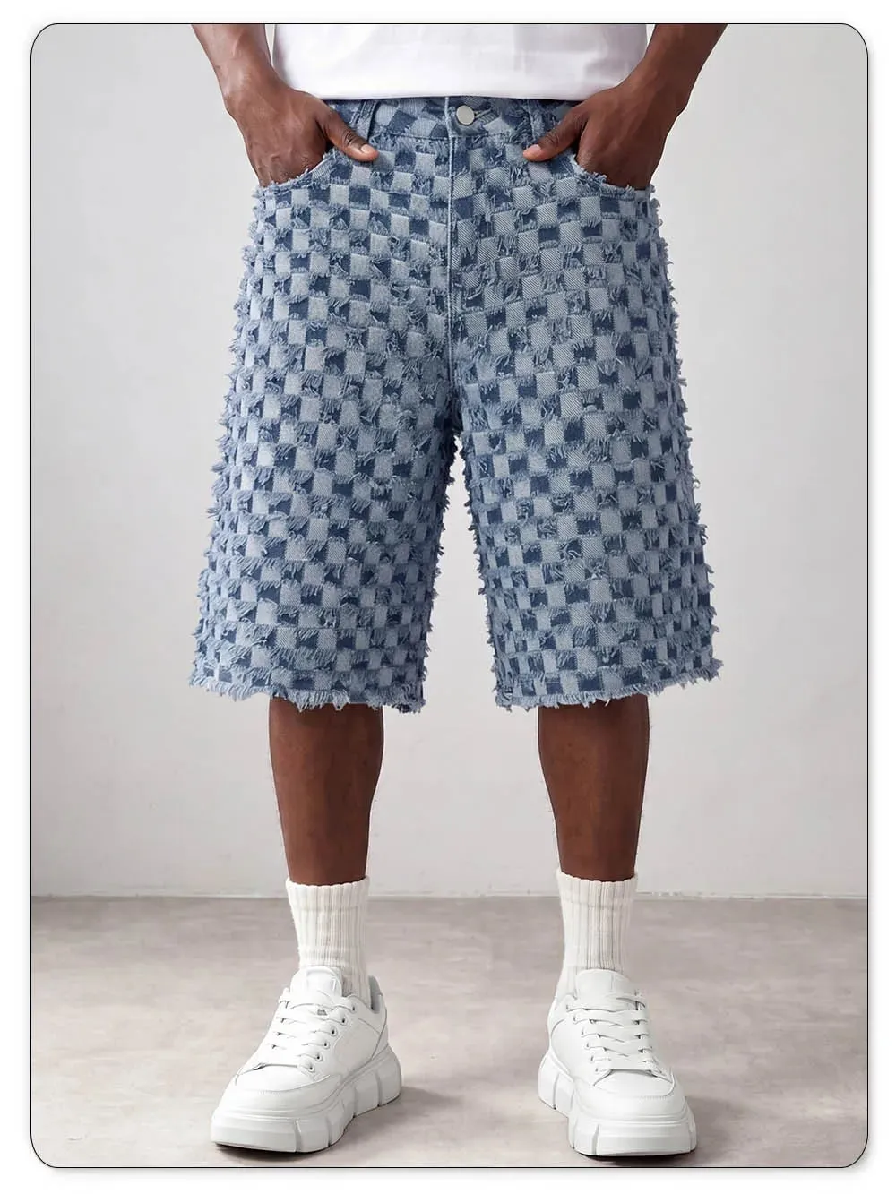 Men Fringe Checkerboard Jacquard Jean Shorts Casual Loose Wide Leg Raw Hem Knee Length Shorts Summer Bermuda Jeans