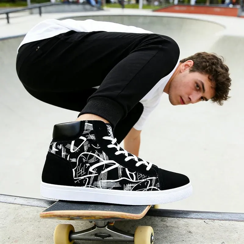 Street Style Mode Sneakers Herr Fritidsskor Platta Andas Hög topp Svart Röd Märke Skor för män