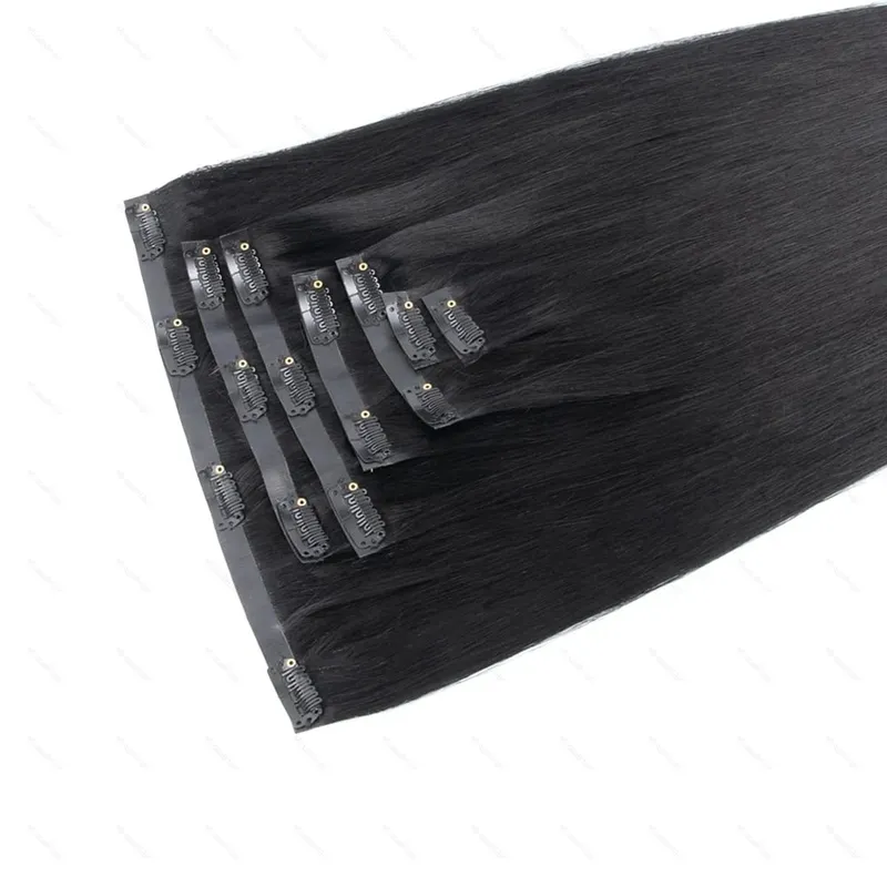 PU Clip Ins Human Hair Premium Remy Clip In Extension Sa Tape Weft Silk Straight European Real Natural na Buhok 14-24inch 7pcs 110G