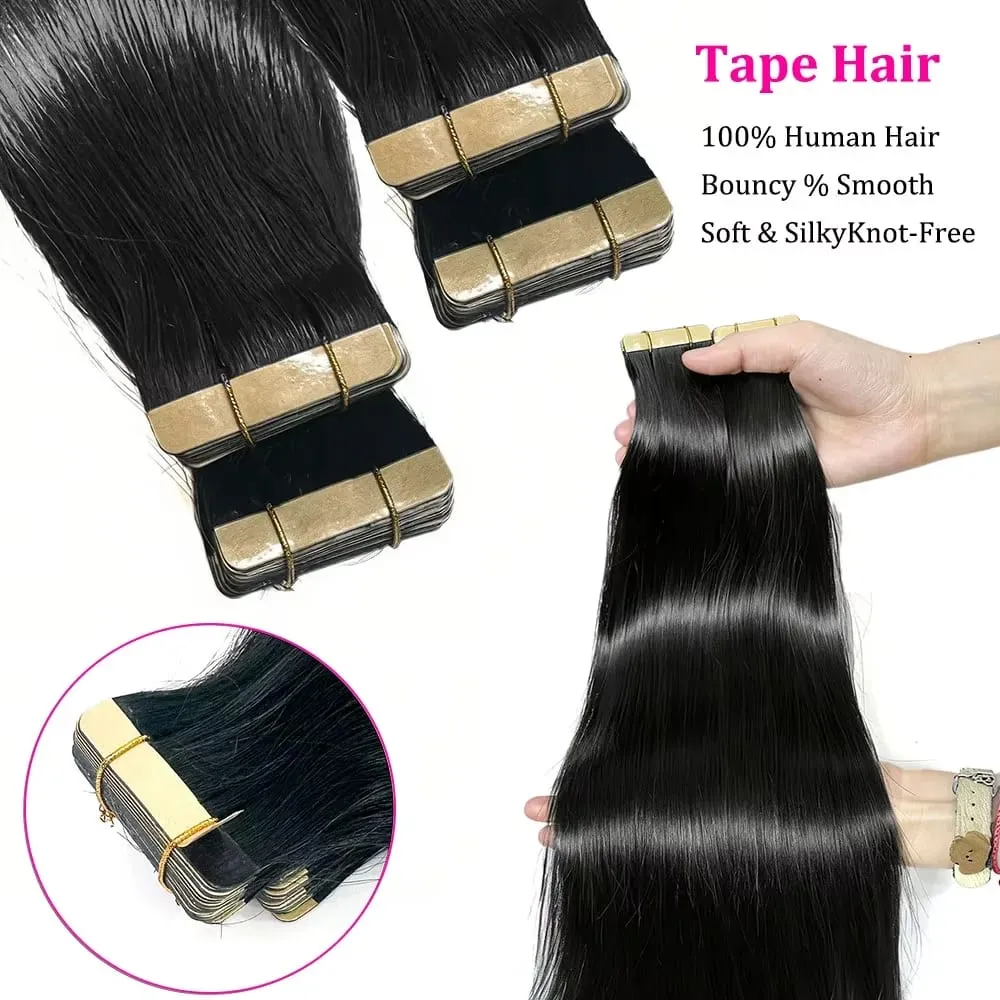 16-22 Inch Tape In Hair Extensions Human Hair Seamless Invisible Remy Hair Extensions Tape Ins For Women Brazilian Natural Black 21Pcs 50g 100% Human Hair