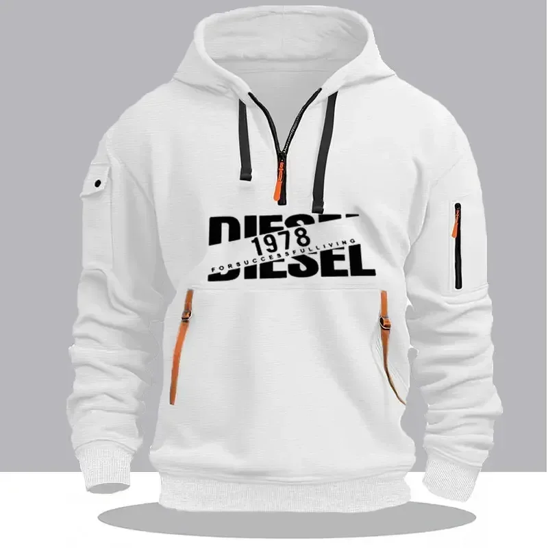 Men Casual Hooded Collar Drawstring Hoodies Sweatshirts Long Sleeve Shirts Outdoor Streetwear Lightweight Zipper Design Pullover