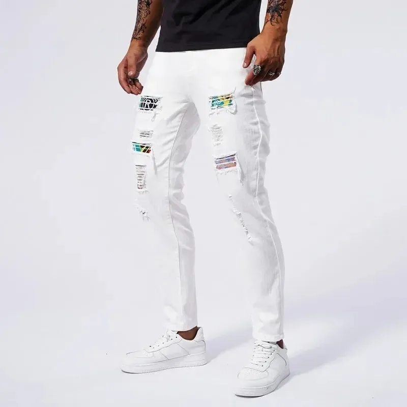 Witte 97% katoenen jeans herenkleding nieuwe gescheurde slanke patchwork mode gat skinny elasticiteit denim broek mannelijke streetwear — image 3