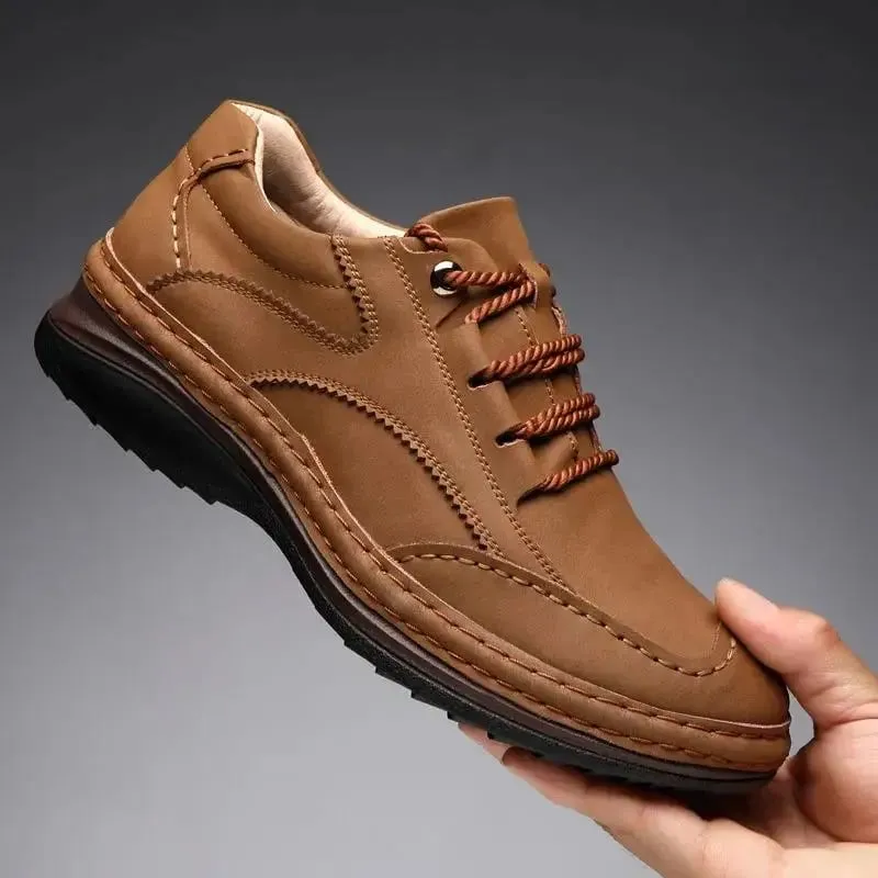 Men Handmade Stitching Cowhide Shoes Casual Lace Up Walking Footwear Comfort Non Slip Rubber Sole Breathable Outdoor Daily Shoes