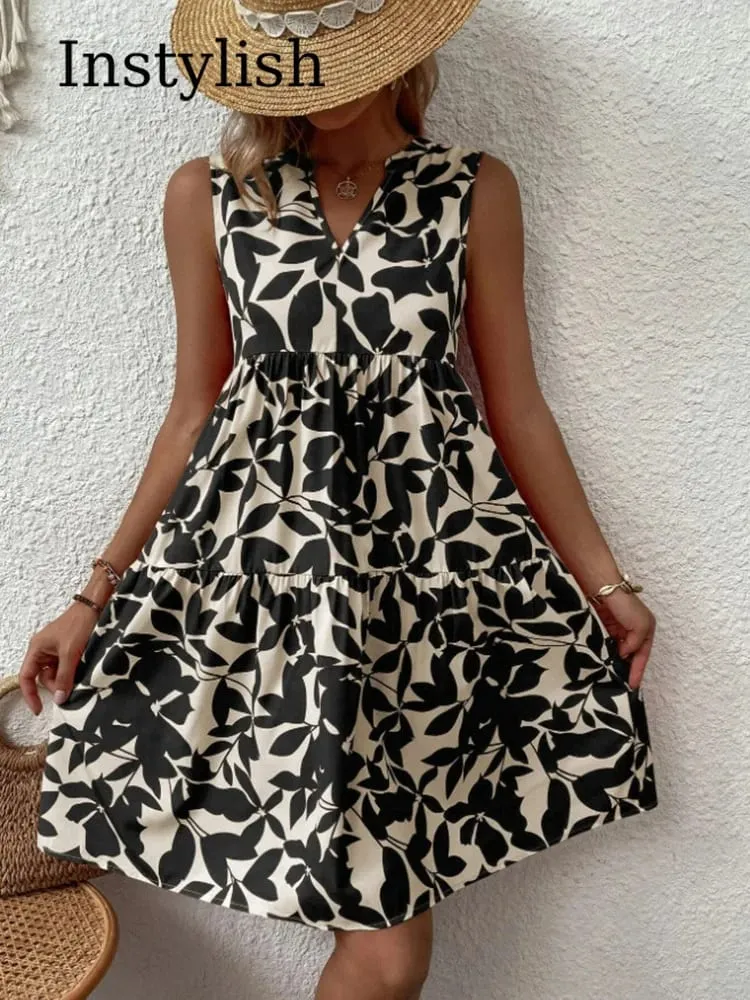 Gaun Mini Gambar Boho Wanita Gaun Tank A Line Ruffle Leher V Tanpa Lengan Elegan Musim Panas Gaun Sundress Pesta Pantai Ukuran Besar Longgar Kasual