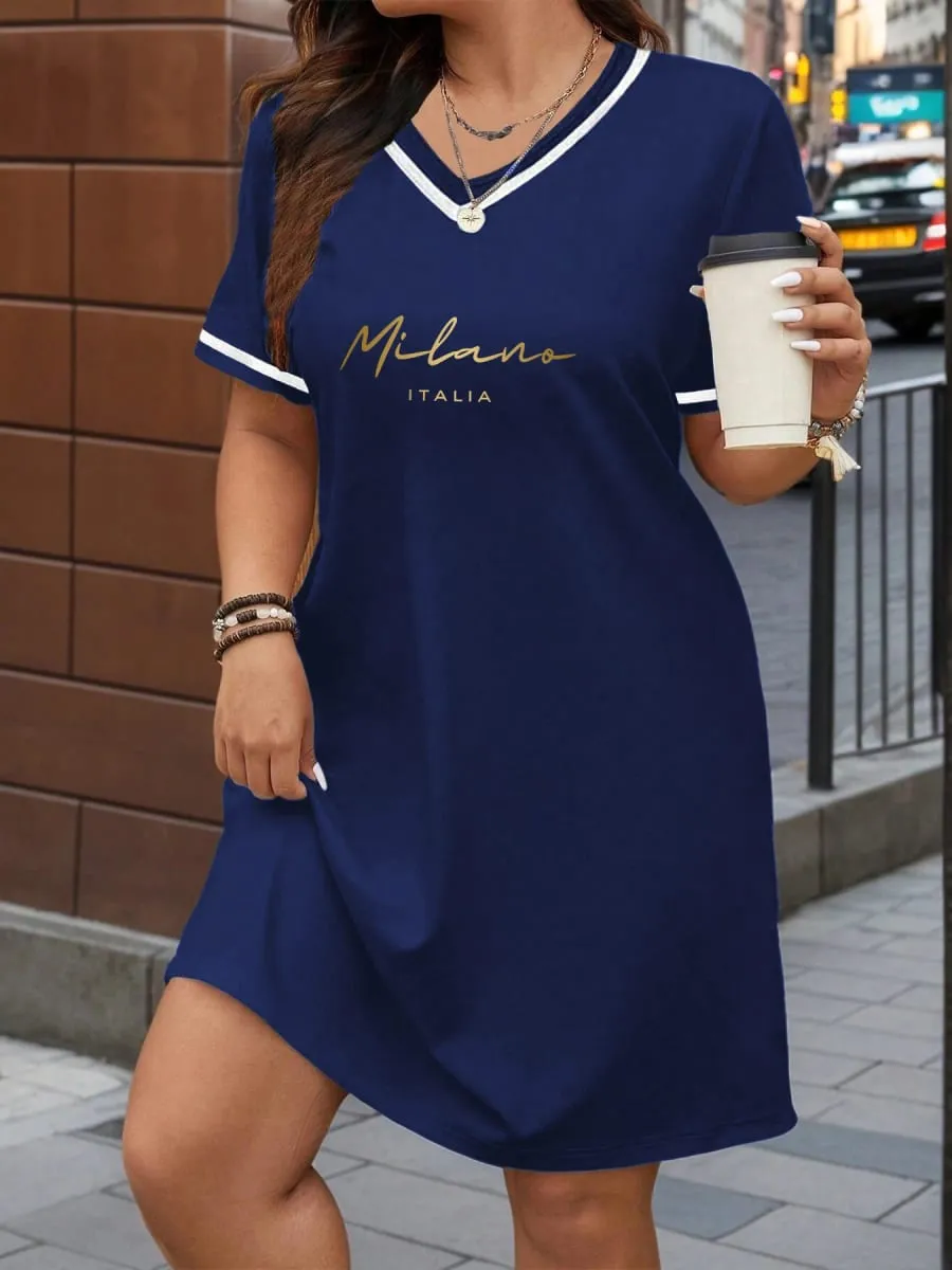 Modieuze bedrukte Amerikaanse casual stijl kleurblok V-hals korte mouwen lange top losse pasvorm casual en afslankende T-shirtjurk geschikt voor lente en zomer woon-werkverkeer en thuiskleding dameskleding