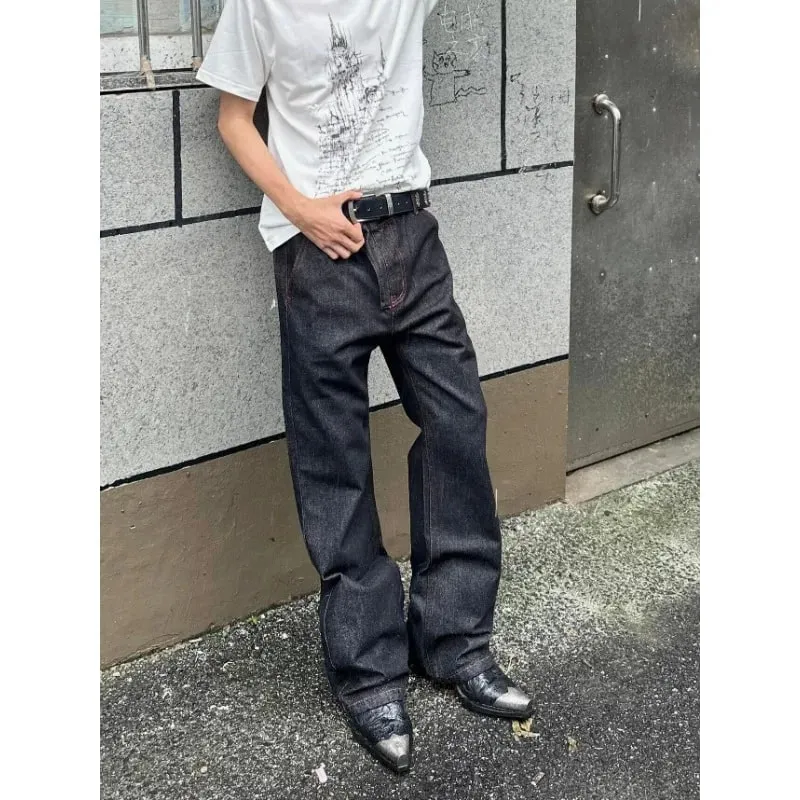 Men American Vintage Denim Red Stitch Raw Black Straight Micro Flare Jeans Slim Fit Fashion Casual Stretch Long Denim Trousers