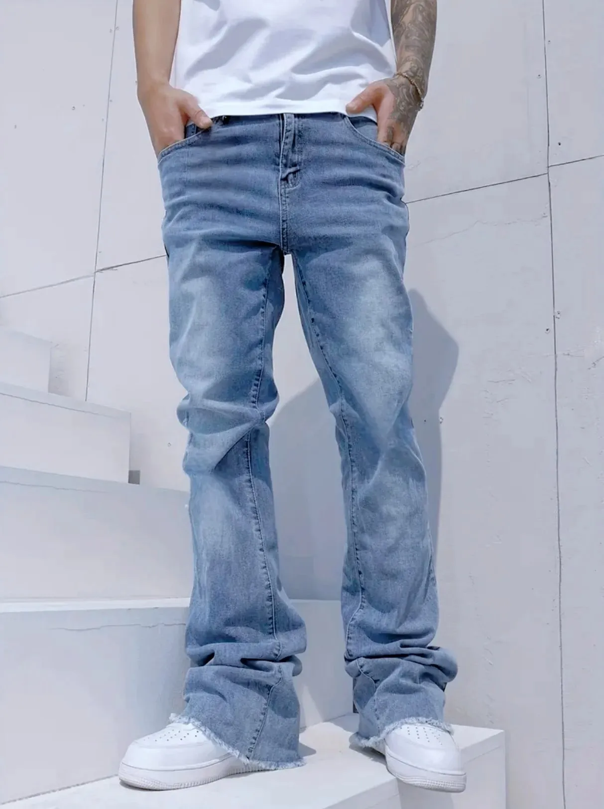 Slim Straight Jeans Men Sky Blue Fringe Cuff Detail Jeans Classic Mid Waist Solid Tone All Season Long Pants Urban Daily Stylish