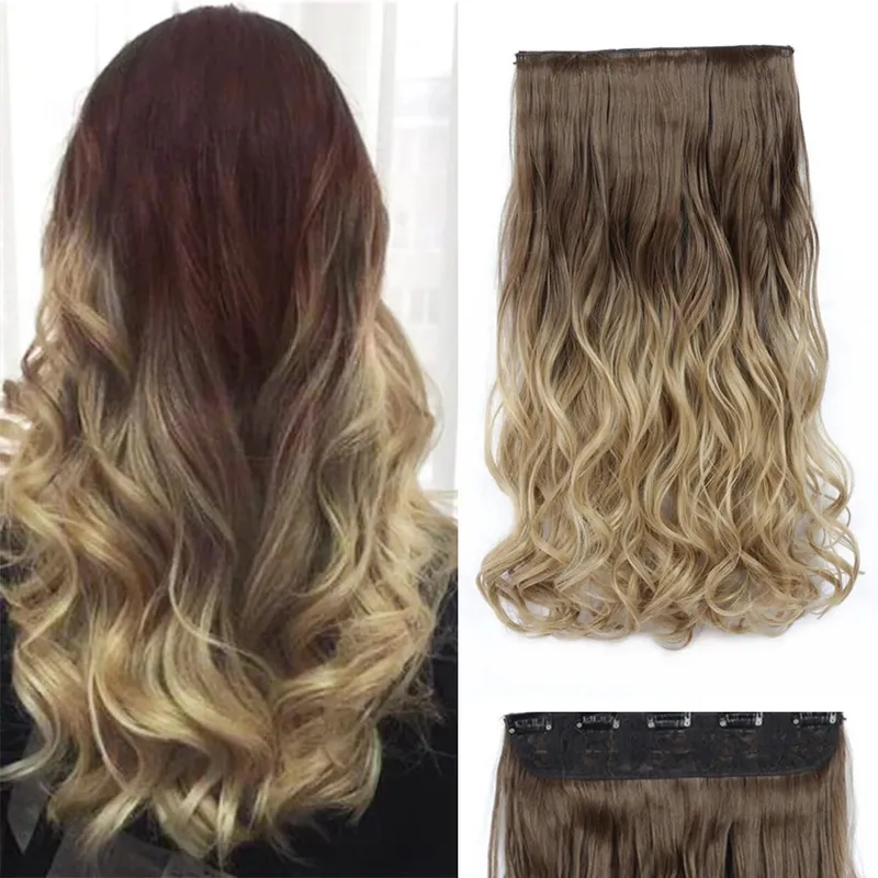 24-calowe Ombre Dip Dye Długie kręcone doczepiane włosy Dwukolorowe grube syntetyczne treski na całą głowę (od czarnego do ciemnoczerwonego)