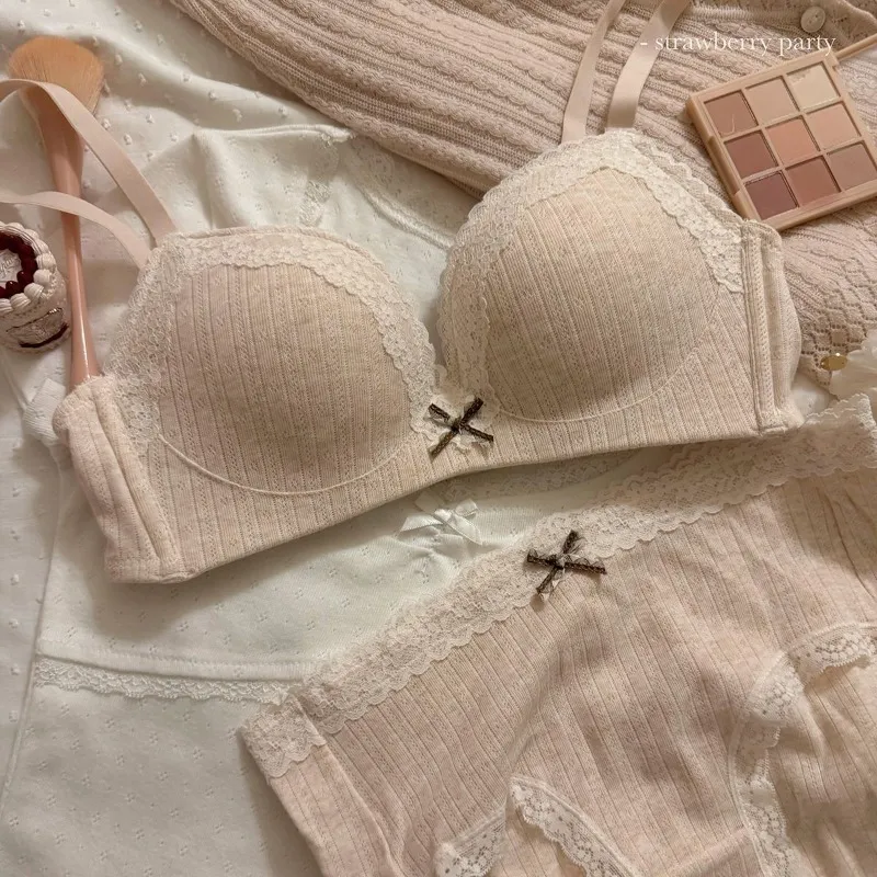 New Bra: Sweet Fashionable And Feminine Lace-Trimmed Floral Lingerie Set for Women with Small Busts—push-Up Wire-Free Bra Set