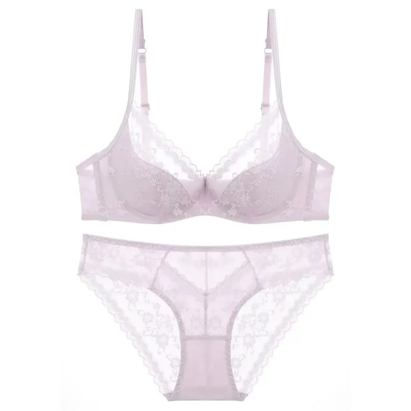 Thin Lace Lingerie Set for Summer Small Chest Gathering Soft Steel Ring Support Anti Sagging Bra Underwear Two-Piece Set