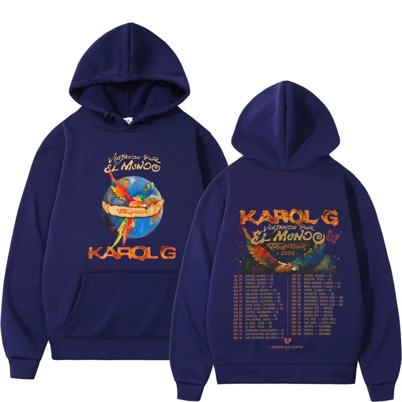 Karol G Viajando Por El Mundo Tropitour 2026 Graphics Hoodie Men Women Loose Casual Pullover Long Sleeves Fashion Sweatshirts