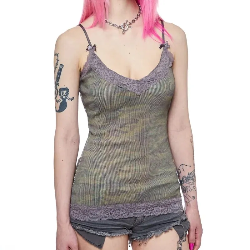 Women Y2K Aesthetic Camisole Lace Trim V Neck Cami Top Camo Ribbed Knit Tank Top Cute Bows Grunge E Girl Mall Goth Tops