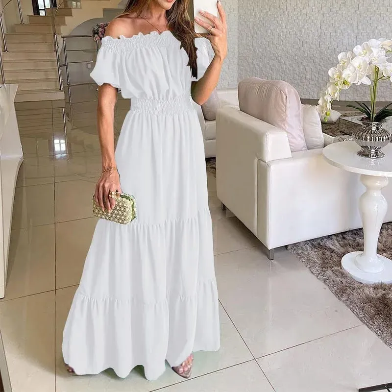 2025 Estate Solid Boho Dress Donna Moda Elegante Beach Party Dress Casual Slash Neck Ufficio Maxi Abiti per la donna Robe Femme