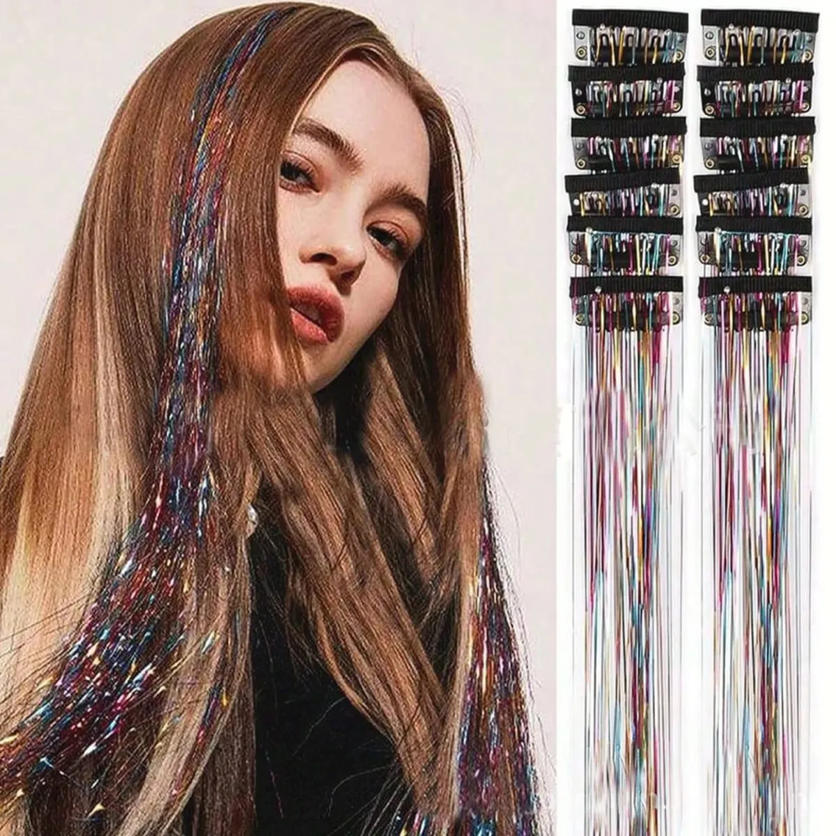 Clip hair synthetic 12-pack BB clip laser gold silk shiny wig tinsel hair women's highlighting color hair extension
