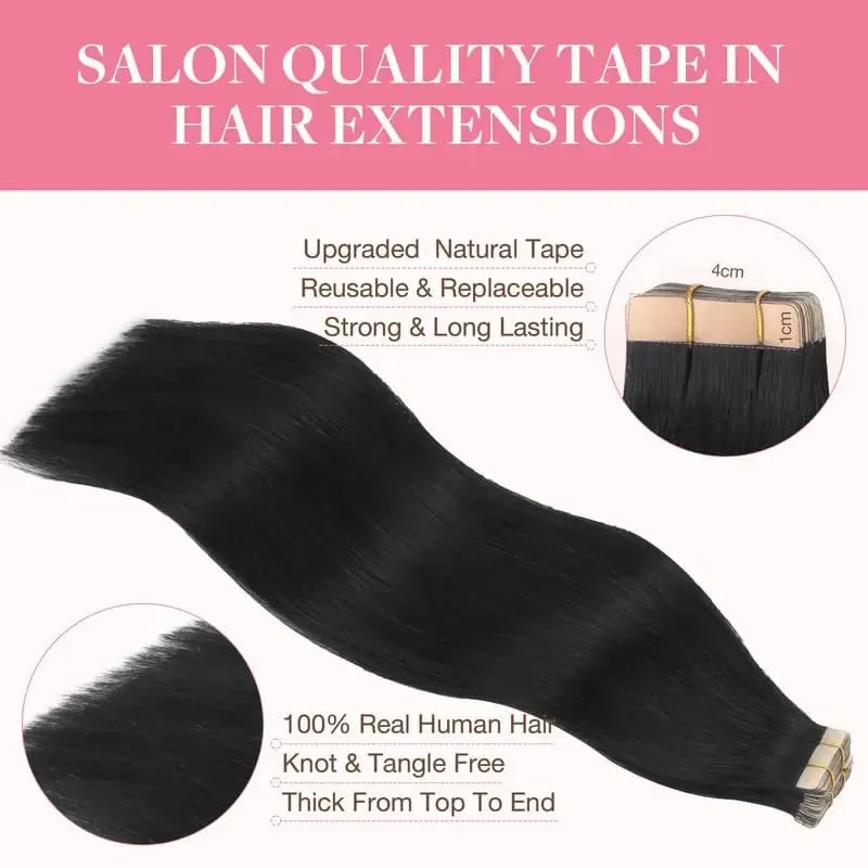Straight Tape in Hair Extensions Human Hair Natural Black 20 Inch 50g 20pcs Skin Weft Seamless Tape in Real Remy Straight Hair for Women