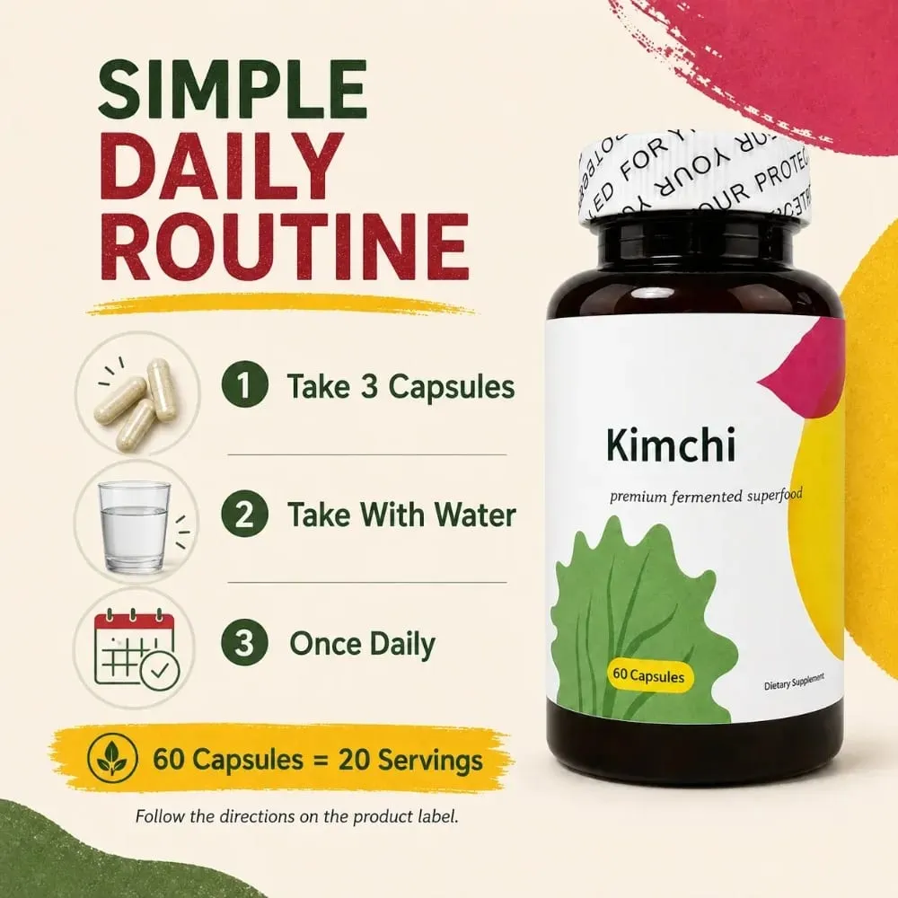 Kimchi Capsules 1500mg Fermented Superfood 60 Caps Gut Health Digestive Support Vegan Non-GMO Cabbage Ginger Dietary Supplement
