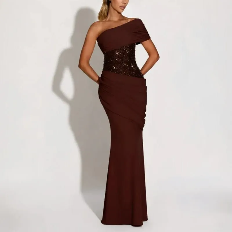Suninheart One-Shoulder-Abendkleid für Damen, elegantes drapiertes Paillettenkleid, langer Rücken, Schnürung, Meerjungfrau-Maxi-Partykleid