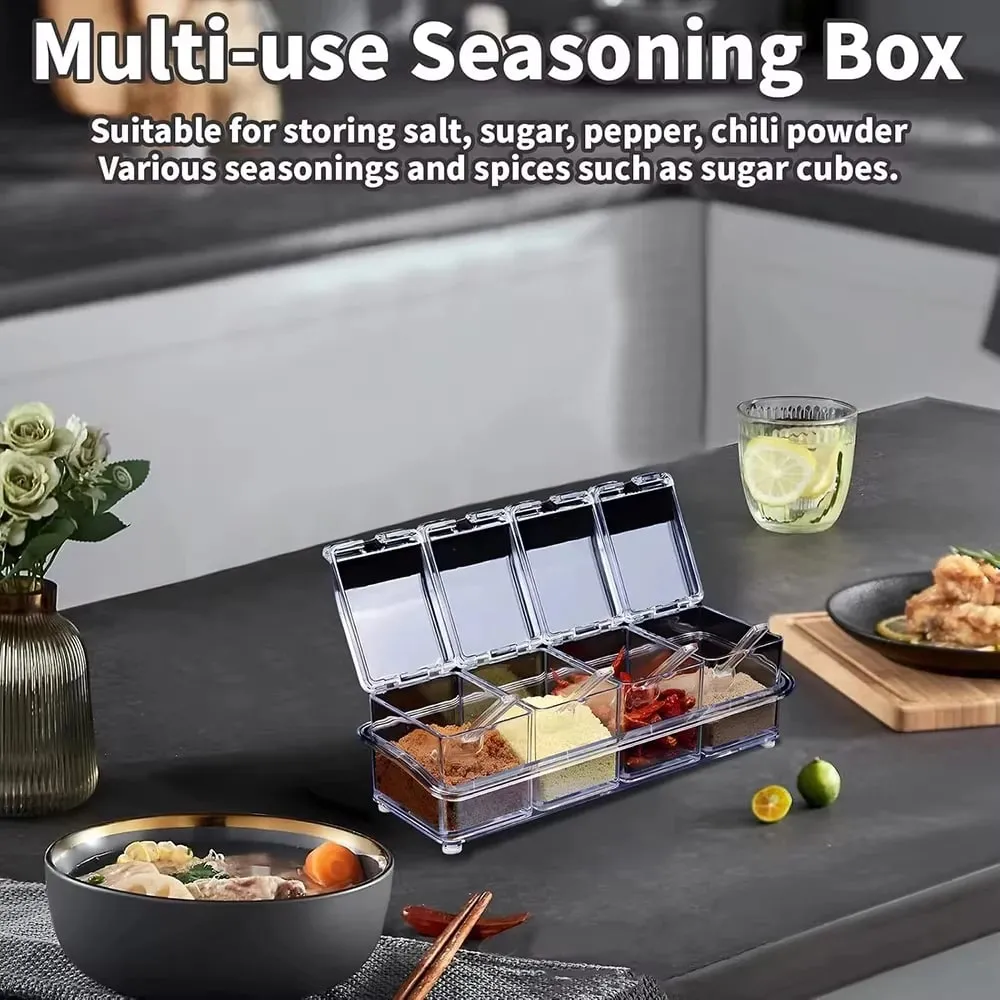 Kitchen Accessories Gourmet Acrylic Seasoning Box with 4 Serving Spoons Spice Jar Set Condiment Cruet Bottle Kitchen Supplies