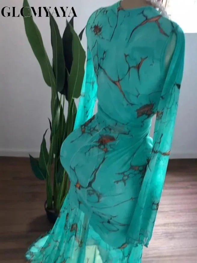 2025 Fall Women O-neck Long Sleeve Print Mermaid Maxi Dress 2025 Evening Birthday Beach Sexy Night Party Long Dresses