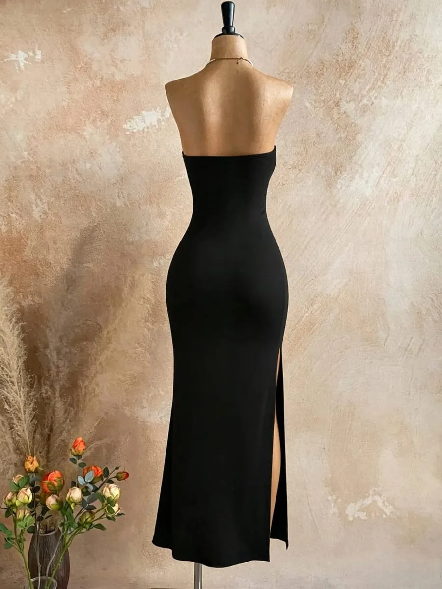Robe mi-longue moulante sans bretelles pour femmes, haut tubulaire, fente latérale haute, couleur unie, noir, sans manches, coupe cintrée, longue robe de soirée