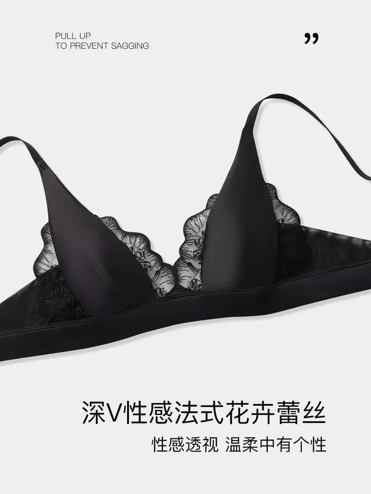 Sexy Summer Bra Sin Aros French Lingerie Encaje Triangulo Pecho Pequeño Bralette Suave Puro Deseo Saten MOYISU 32-38-S-XL AB
