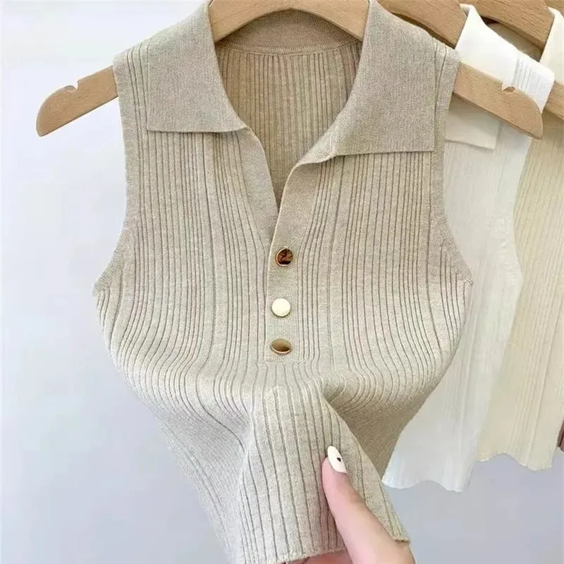 Zjaiss 2026 Spring Summer Slim Versatile Camisole Women's Polo Lapel Tank Tops Vest Ice Silk Knit Sleeveless Tops