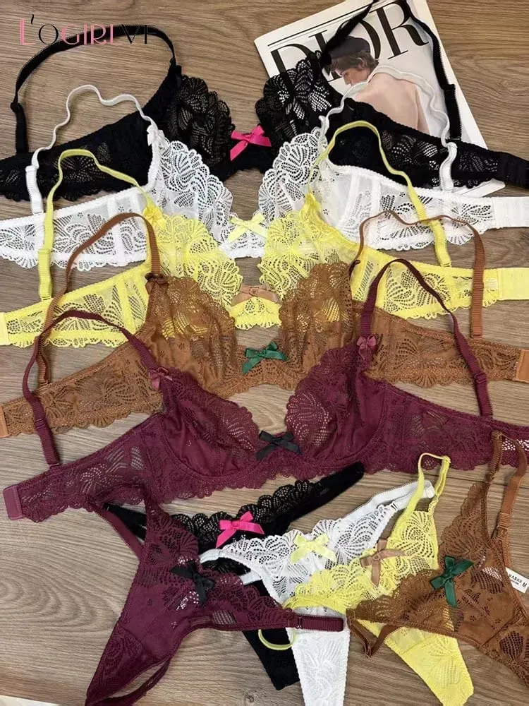 Logirlve French Sexy Women Underwear Set Ultra Thin Lace Embroidery Bra Set Comfort Breathable Brassiere and T-back Lingerie Set