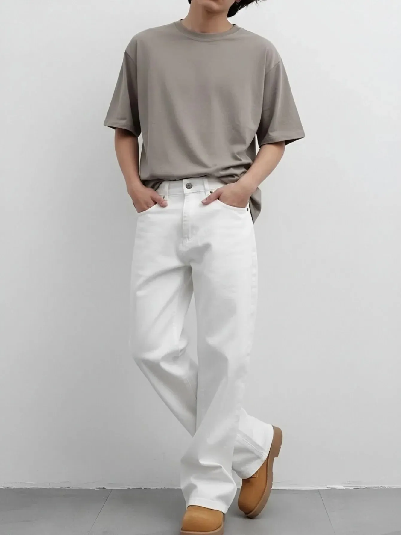 【HME】Men's Jeans | Street Fashion Denim Pants Solid White Flared‑Leg Denim Trousers With Fine Craft Stitching Versatile Casual Pants Well‑Built Denim Bottoms Trendy Male Denim Apparel For Multiple Daily Occasions