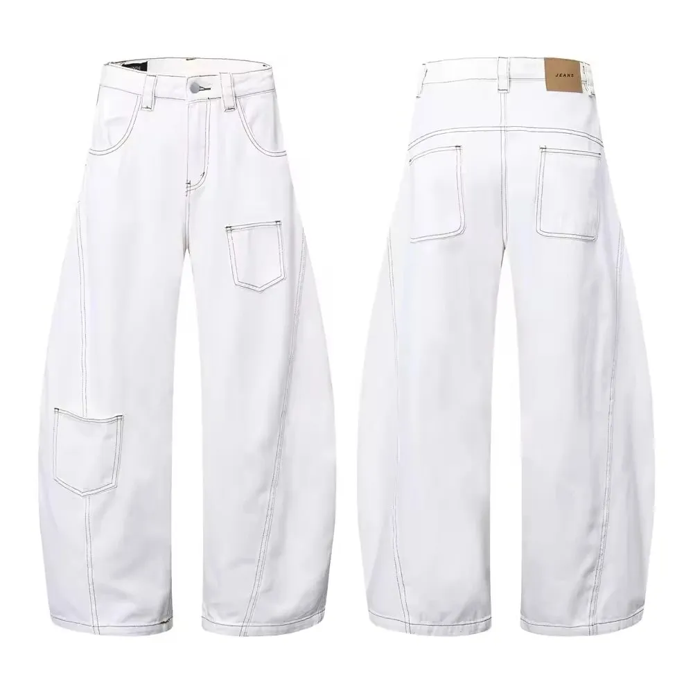 Y2K Men's Jeans White High-Waisted Wide-Leg Denim Pants Retro Baggy Style Fashion Loose Fit Casual Denim Trousers Streetwear