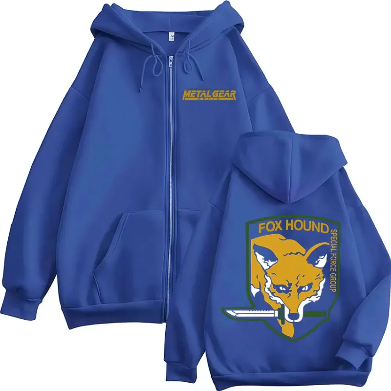 Metal Gear Solid Game FOX HOUND Logo Print Zipper Hoodies Men Women Clothing Fashion Pullovers Zip Up Hooded Sweatshirts Jackets