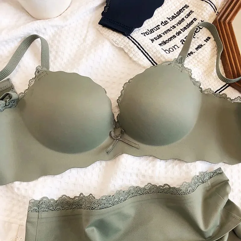 Wire Free Push Up Thicken Underwear For Women Small Chest Gather Seamless Bra And Panty Sets Bow Pure Color Fashion Intimates