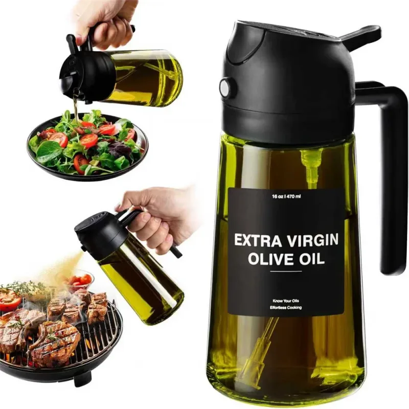 Pulverizador de óleo de 470 ml para cozinhar 2 em 1 dispensador de azeite e garrafa de óleo com adesivos garrafa de spray de vidro grosso
