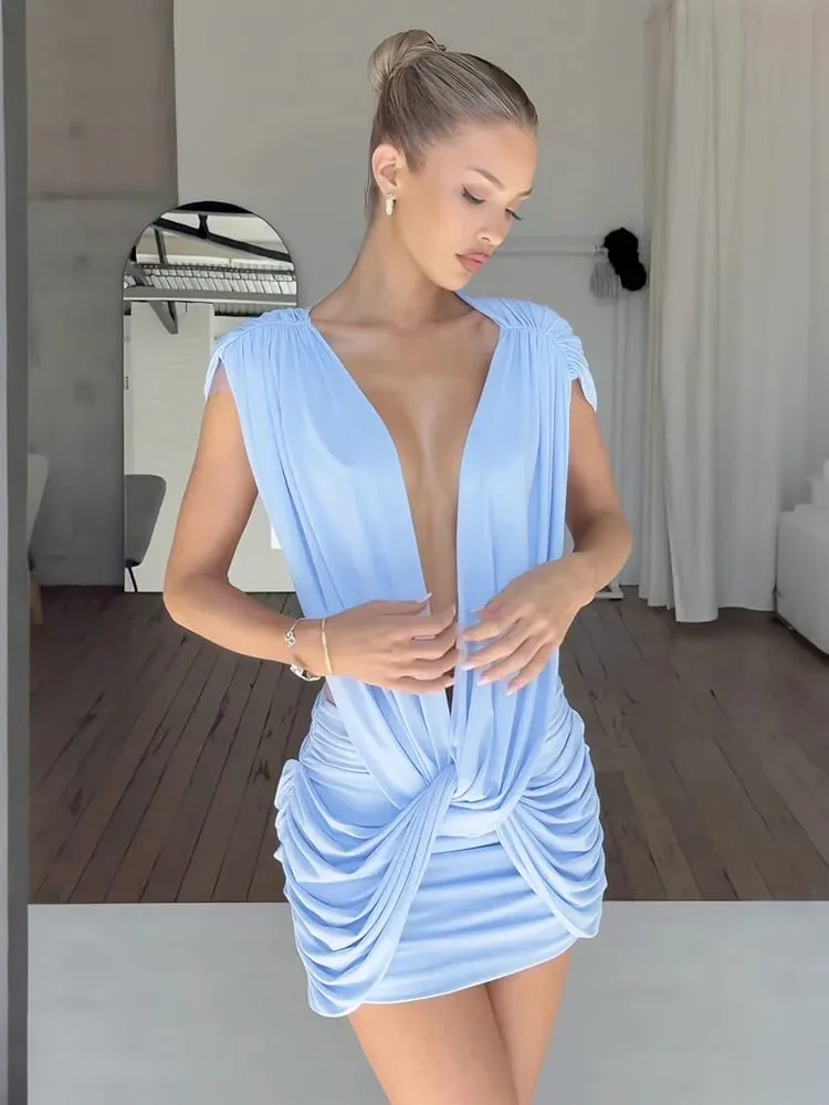 Kliou Ruched Kink Design Mini Dress Woman 2026 Spring New Style Deep V-Neck Sleeveless Skinny Peach Hip Street Elegant Bodycon
