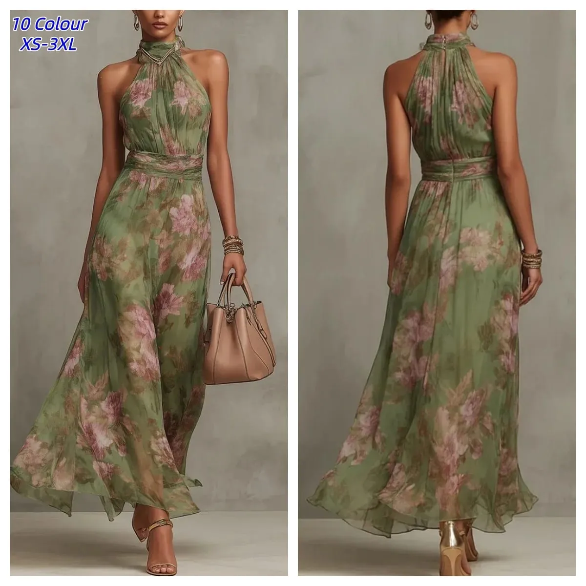 Elegant Halter Off Shoulder Hollow Party Woman Retro Floral Print Chiffon Long Vintage Boho Sleeveless Summer Beach Dresses