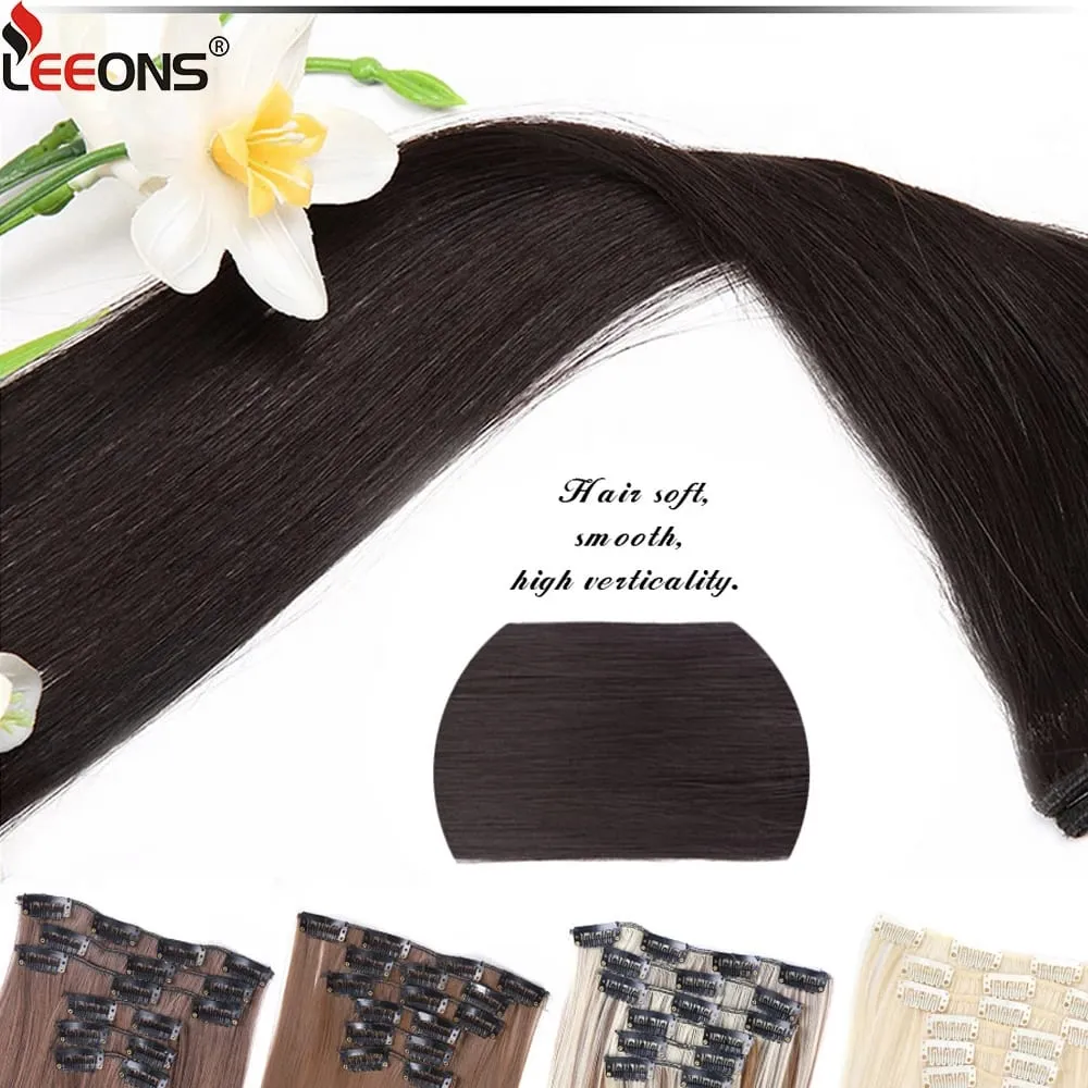 Leeons Black Hair Extension 30"/75Cm 150G 6Pcs/Set Women Long Straight Synthetic Hair Full Head Clip In Hair Extensions Pieces
