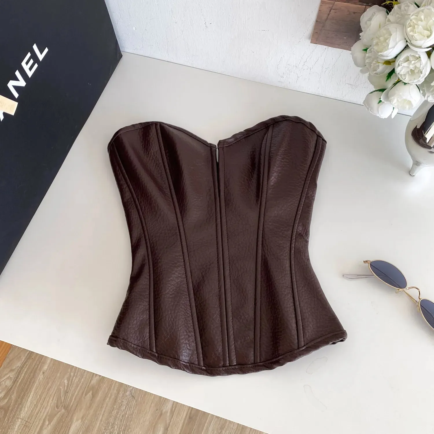 Sexy Pu Slim Tube Top Chic Strapless Crop Top Korean Fashion Corset Bustier Camis Women Tank Top