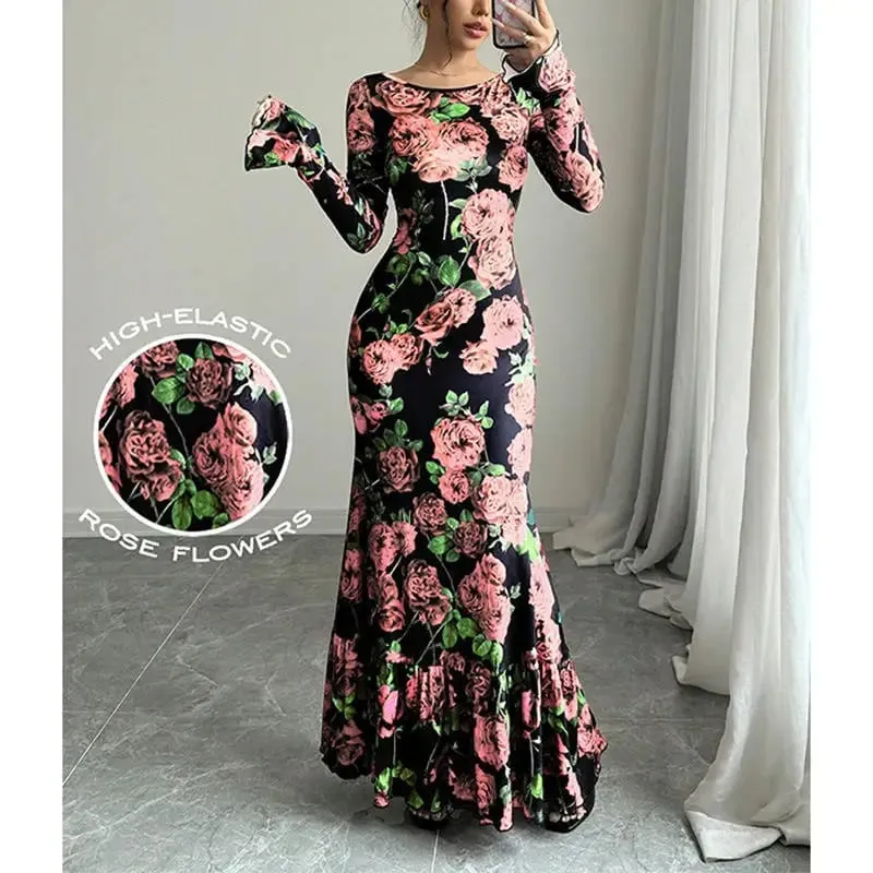 Elegant Rose Printed Maxi Dress O Neck Long Sleeves Bodycon Fishtail Dress Figure Slim Rose Floral Pattern Adds Charm Long Dress