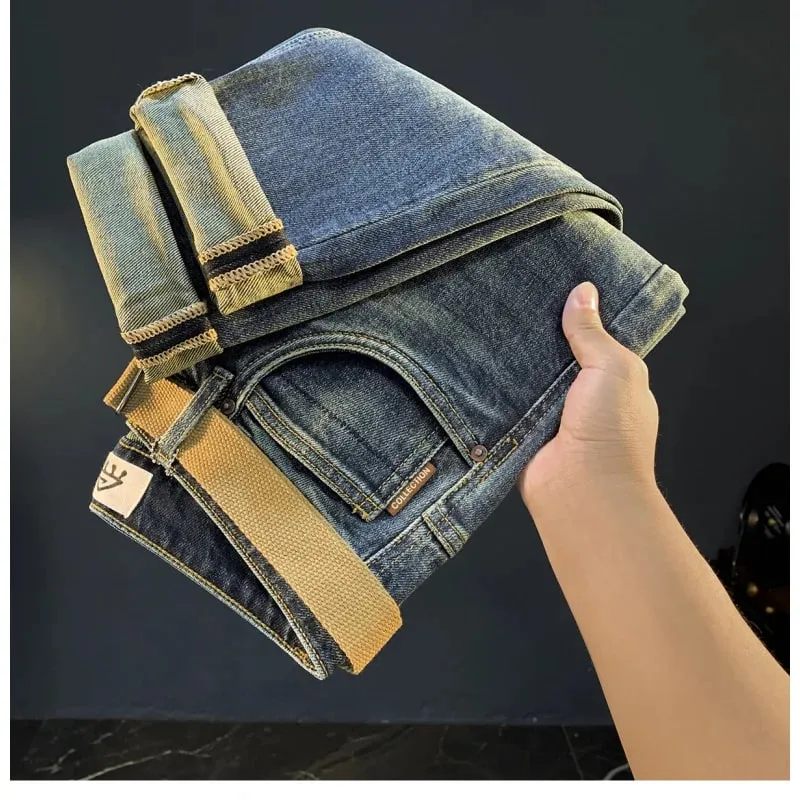 2025 Autumn/Winter Nine Point Jeans Men's Trendy Embroidered New Blue Retro Small Foot Slightly Loose PANTS fashion handsome