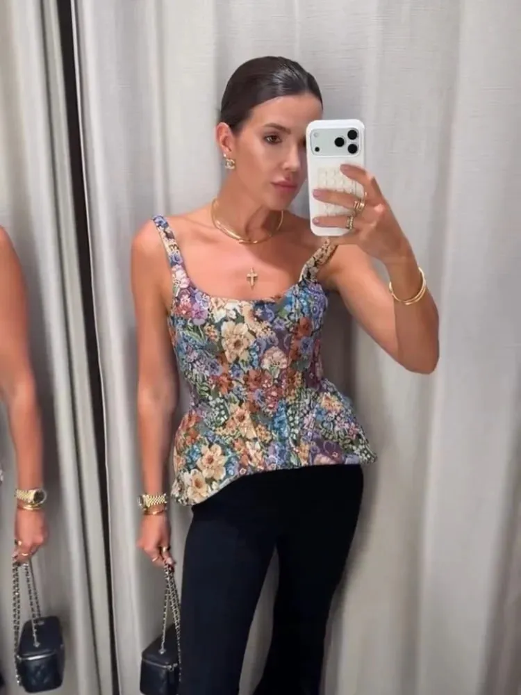 Sexy Print Flower Slim Sling Top Women Sleeveless Slip Backless Closed Waist Vest Female 2026 Fashion Summer Autumn Tops Lady — image 2