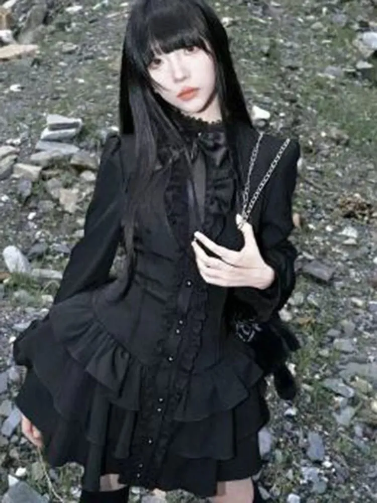 Aoaiiys Mini Dress Women Black Gothic Lace Spliced Dresses Y2K Japanese Streetwear Lolita Dresses Spicy Girls Fall Clothes New