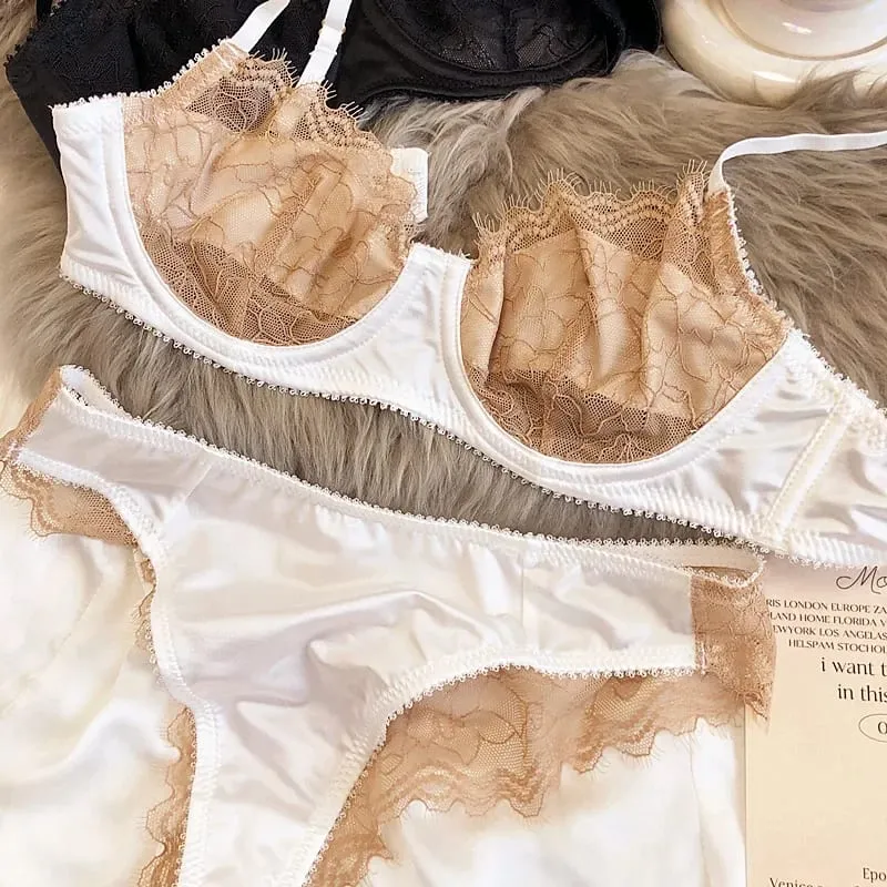 2 Keping Set Bra Renda Ultra Nipis Seksi Wanita Warna Splicing Pakaian Dalam Sutera Perancis Bernafas dan Seluar Dalam Pakaian Dalam Intim
