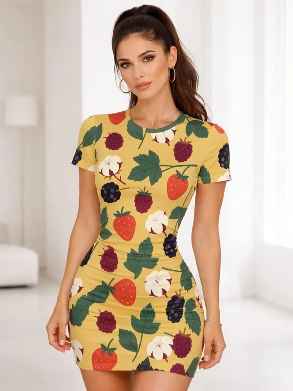 Womens Short Sleeve Bodycon Mini Dress Slim Fit Crew Neck Floral Print Casual Summer Party Cute Trendy Elegant Vacation Sundress