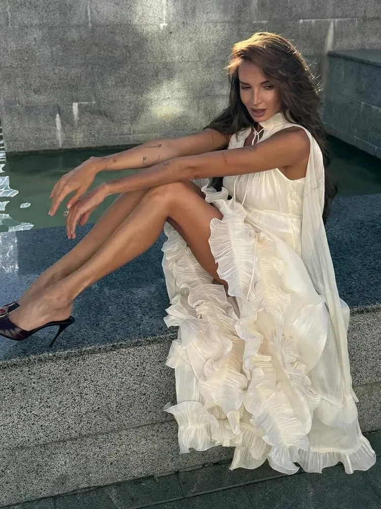 Women Solid Ruffle Maxi Dress Fashion Lapel High Waist V-neck Sleeveless Pleated Chic Dresses 2026 Summer Lady Evening Robes