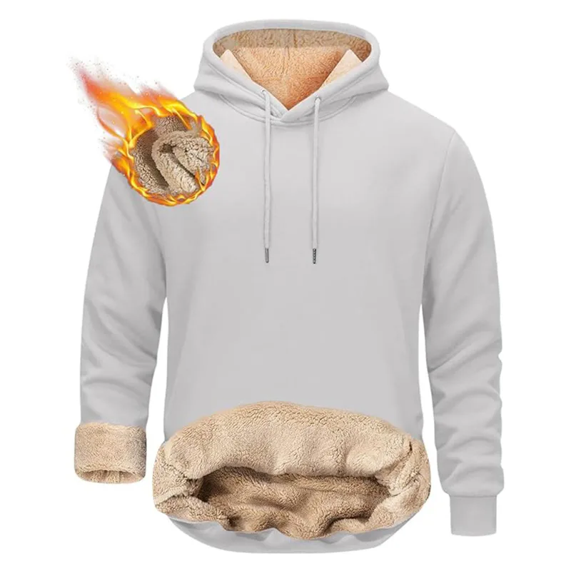 Winter Men's Warm Hoodies Sports Thick Sweatshirts Windproof Thermal Casual Solid Color Loose Long Sleeve Pullover Streetwear