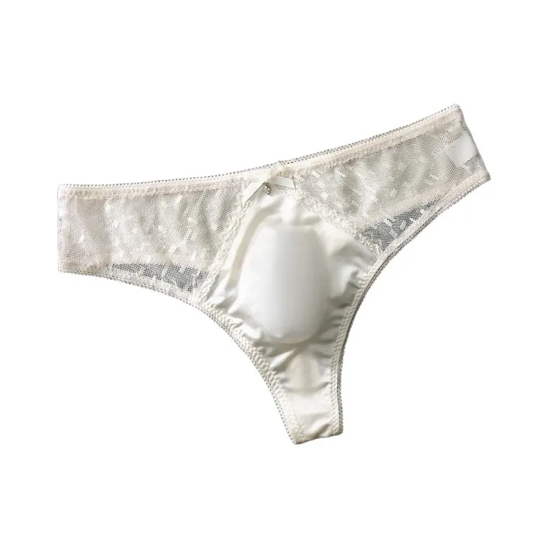 Men's Thong Underwear Made of 81.7% Polyester 18.3% Spandex Ice Silk Blend with Lace Trim and 3D Bulge Pouch Solid G String