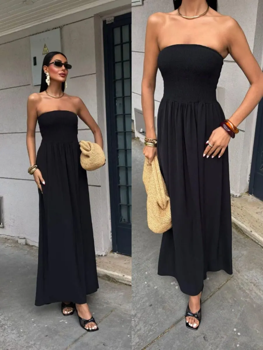 2026 New Summer Fashion Solid Color Off-Shoulder Strapless Waist-Cinching Long Dress for Women
