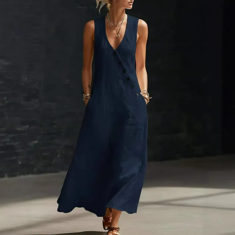 2026 Casual Sleeveless Loose Maxi Dress Women Summer Fashion Solid Color V-neck Holliday Elegant Long Dresses