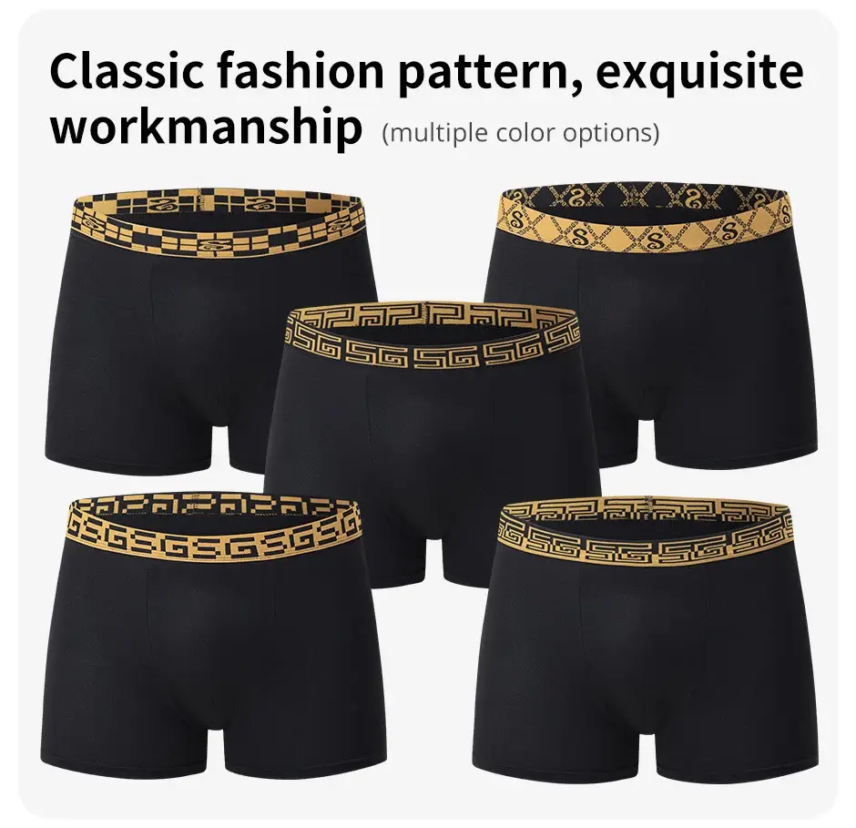 5-piece Set Of Men's Black Classic Elastic Waisted Underwear Quick Drying Comfortable Sporty Youth Trend Flat Corner Pants